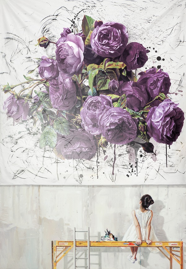 배준성 작가 작품 BAE Joonsung 裵准晟, The Costume of Painter - At the Studio, Purple Roses, 2022, lenticular and oil on canvas, 162.2 x 130.3 cm