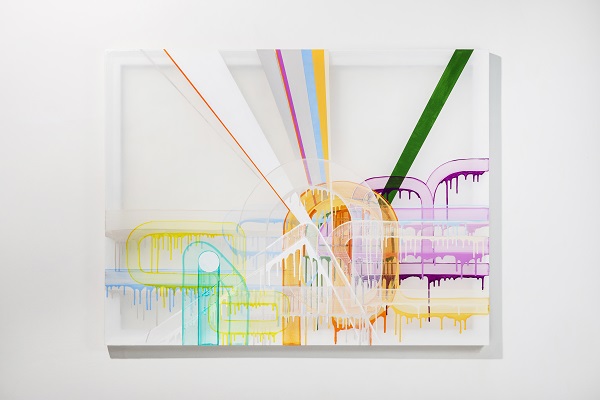 박윤경 작품 Park Yoon-Kyung, Breaking to be tamed 01, 2022, Acrylic, painting marker on chiffon, wooden frame 145.5 x 112.0 cm